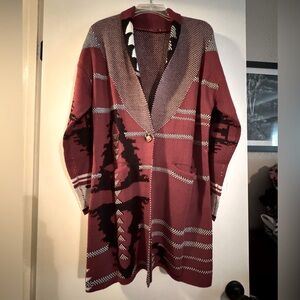 NWOT Maroon Cardigan with Geometric Patterns